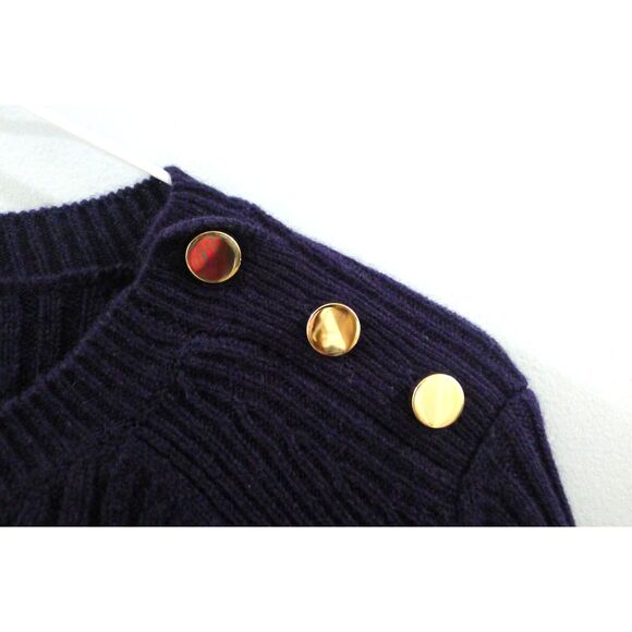 INTERMIX Cropped Cashmere/Wool Ribbed Button Shoulder Sweater - Navy XL - Picture 4 of 6